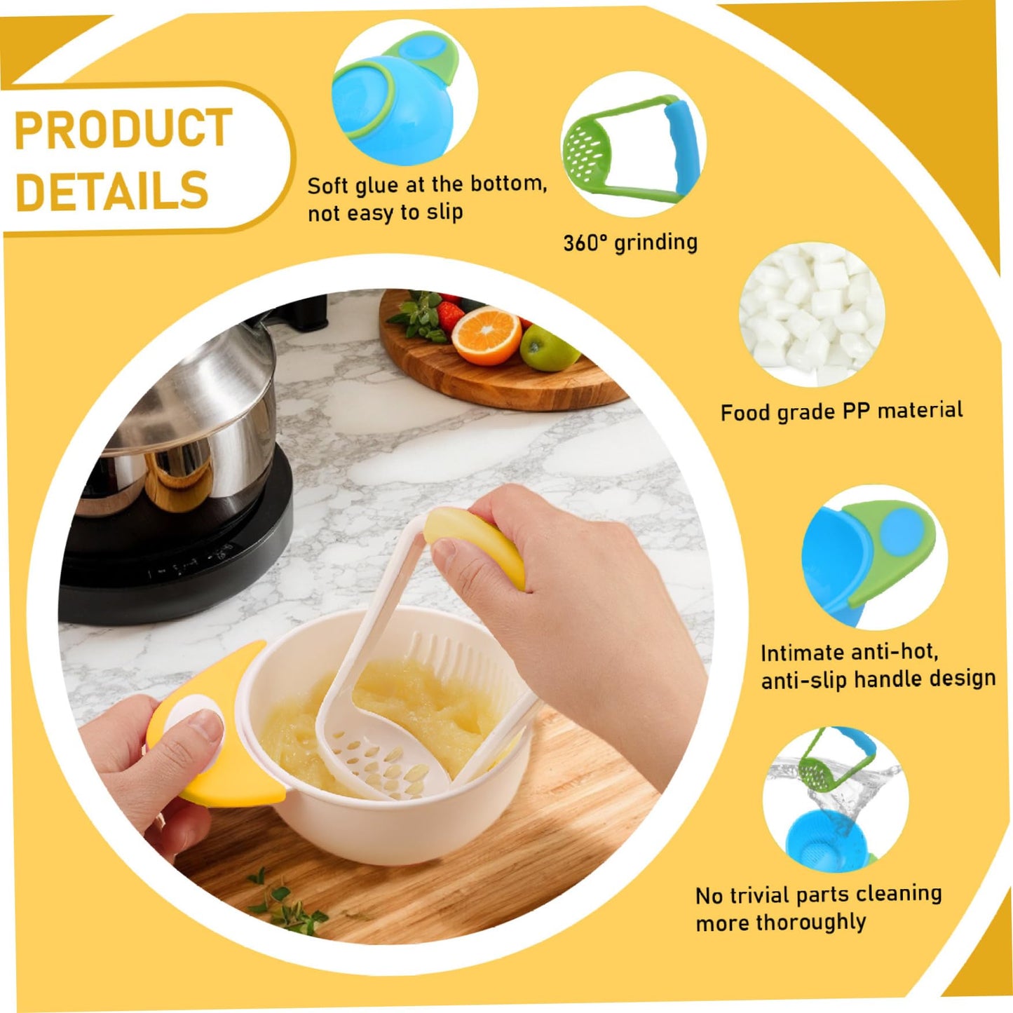 Baby Food Maker with Handle Food Grade Large Capacity Baby Puree Maker with Masher Baby Food Masher And Bowl Non-slip Heat Resistant Baby Food Grinder for New Parents