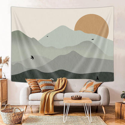 Ptrxobj Small Sage Green Mountain Tapestry Boho Abstract Sun Landscape Wall Hanging Art 60 x 40 inch