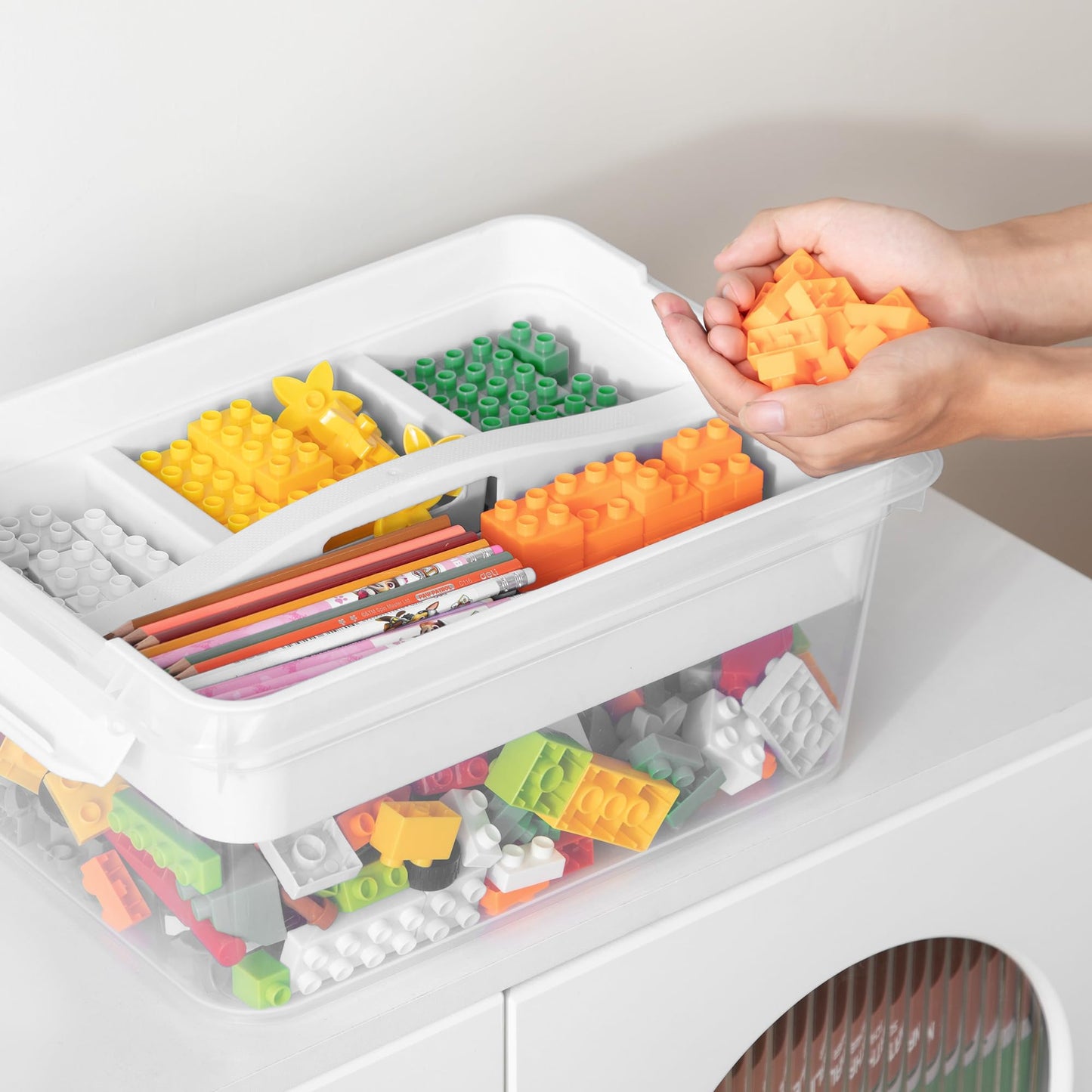 CraftGenes Craft Storage Box with Removable Tray, 20 QT Clear Plastic Organizer with Lids, White Playdoh Storage Containers for Crafts Supplies, Tools, Puzzles