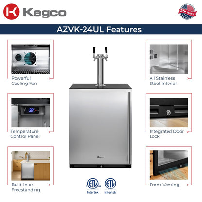 Kegco 24" Wide Dual Tap Stainless Steel Built-In Left Hinge Kegerator with Dispense Kit