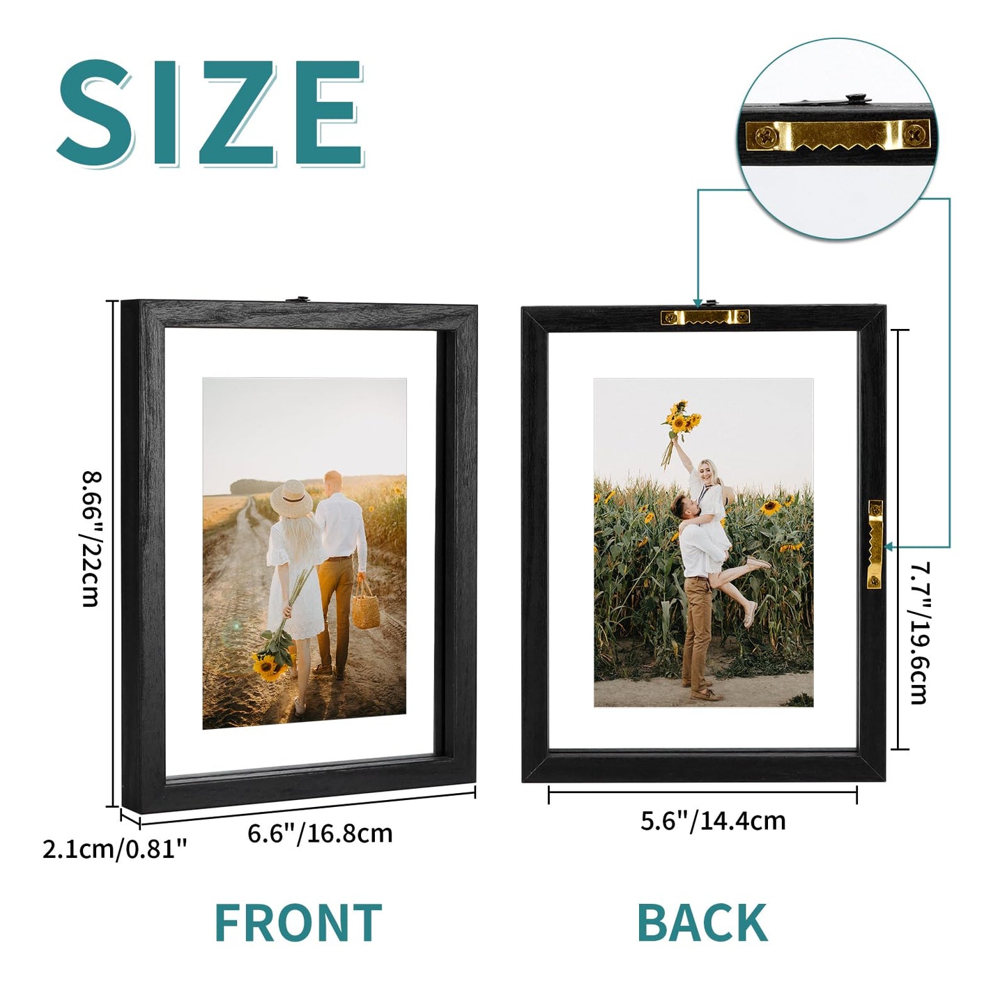 WIFTREY 4x6 Floating Picture Frames Set of 4, Black Rustic Picture Frame 4 x 6 for Wall Hanging, Double Glass Family Photo Frame Display Multi Size, 3.5x5, 4x6, 5x7, 6x8