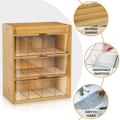 TIMIEEYA Tea Bag Organizer - Bamboo Tea Storage With Drawer 3 Layer, Organizer for Tea Bags Natural Wood & Acrylic for Countertop Office Kitchen Cabinet Pantry