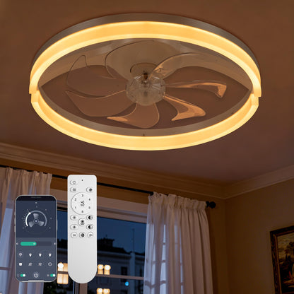 Qewoce Ceiling Fans with Lights and Remote, 19" Flush Mount Low Profile Ceiling Fan, 3-Color Dimmable LED Fandelier, 6-Speed Reversible Ceiling Fan for Living Room, Bedroom & Kids Room (F002, White)