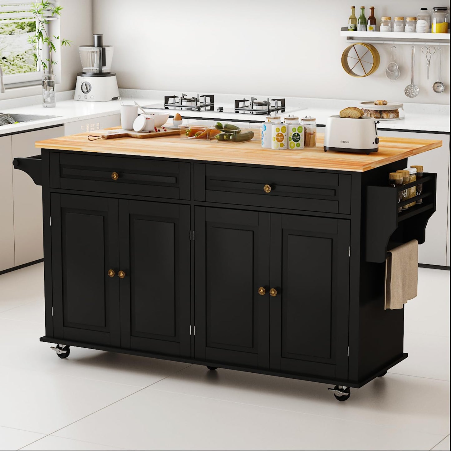 JassmiPkwy 67’’ Movable Kitchen Island with Drop Leaf and Power Outlet, Lockable Sliding Countertop Rolling Island Cart with 2 Large Drawers, Spice, Towel Rack,Black