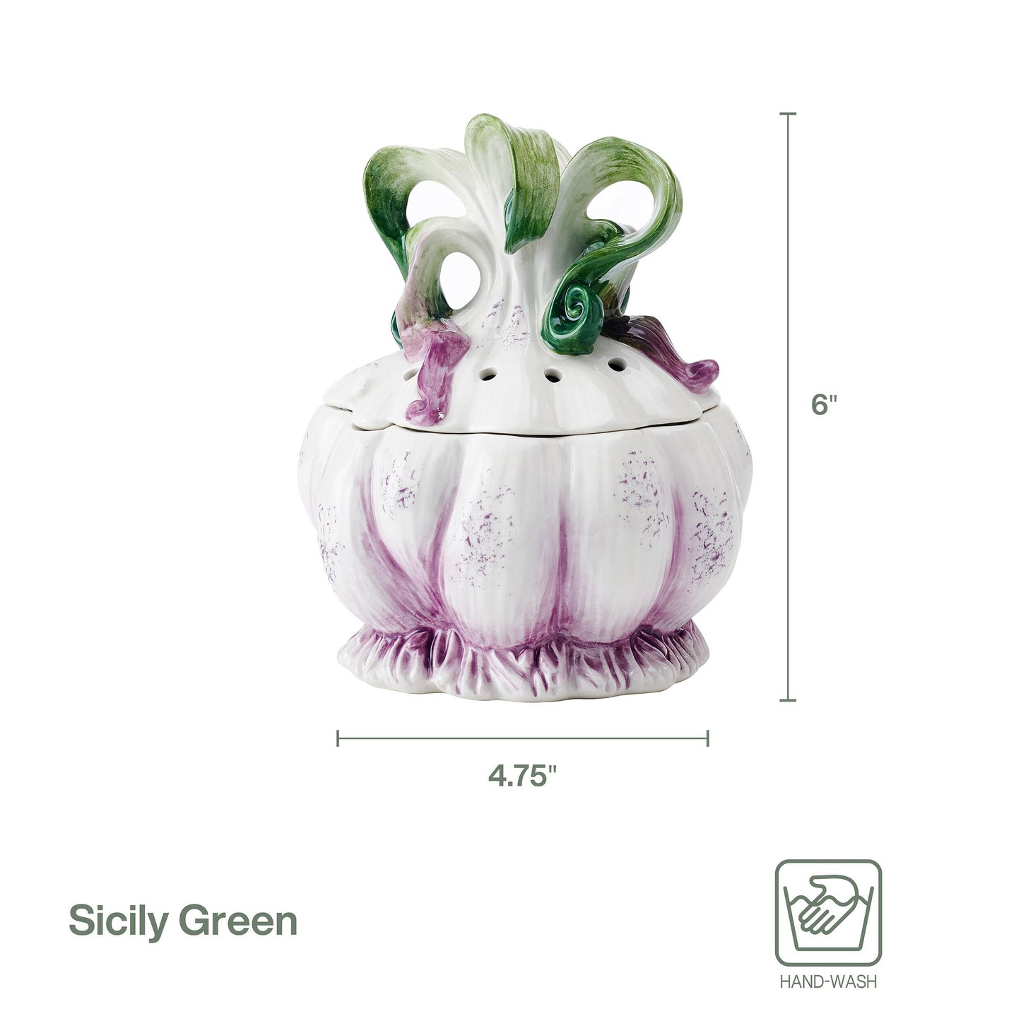 Fitz and Floyd Sicliy Green Ceramic Garlic Keeper Storage Saver