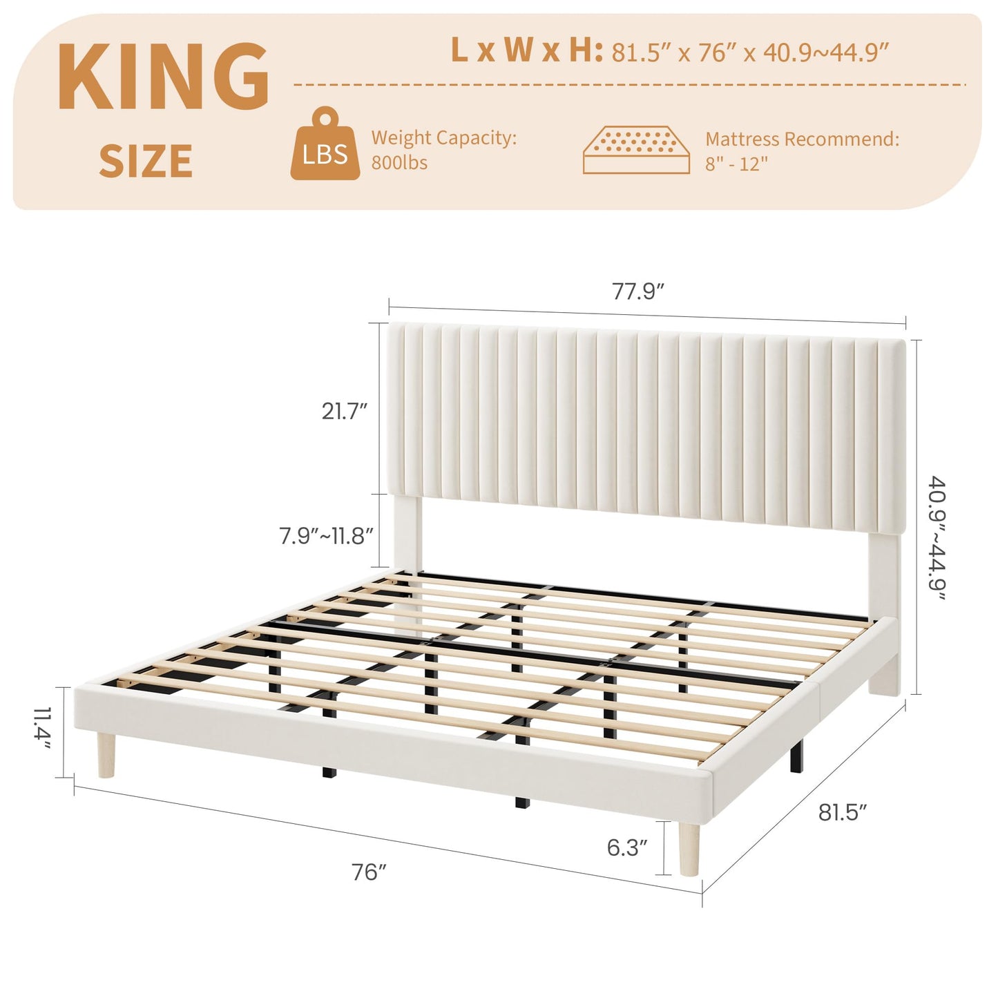 Garvee King Size Velvet Bed Frame, Vertical Channel Tufted Headboard, Height Adjustable, Upholstered Platform Bed, No Box Spring Needed, Beige