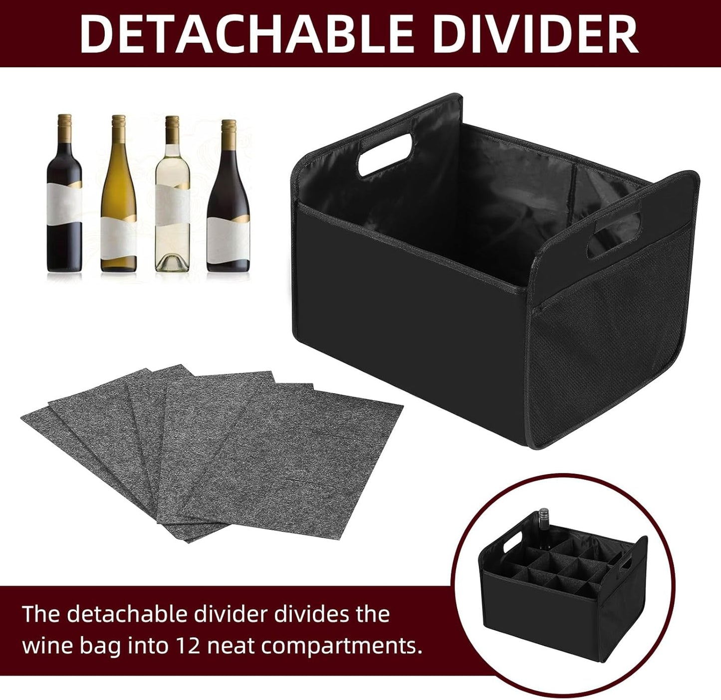 12 Bottle Wine Carrier - Collapsible Premium Felt Tote with Handles for Travel, Party, Picnic, Black