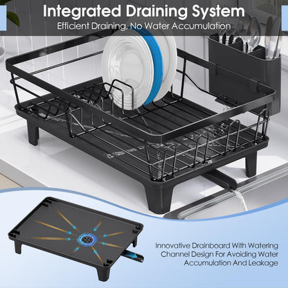 Urackify Dish Drying Rack for Kitchen Counter, Sink Dish Rack with Drainboard 12.2" W x 16.5" L, Large Dish Drainer with Cutlery Holder, Home Countertop Plate Dryer Storage Rack, Black