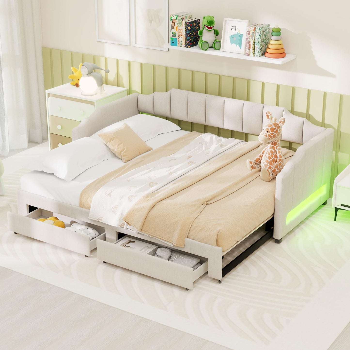 Bellemave Twin XL Size Daybed Frame with Pop up Trundle,Upholstered Day Bed with Two Storage Drawers and LED Light,Twin XL to King Daybed,Beige