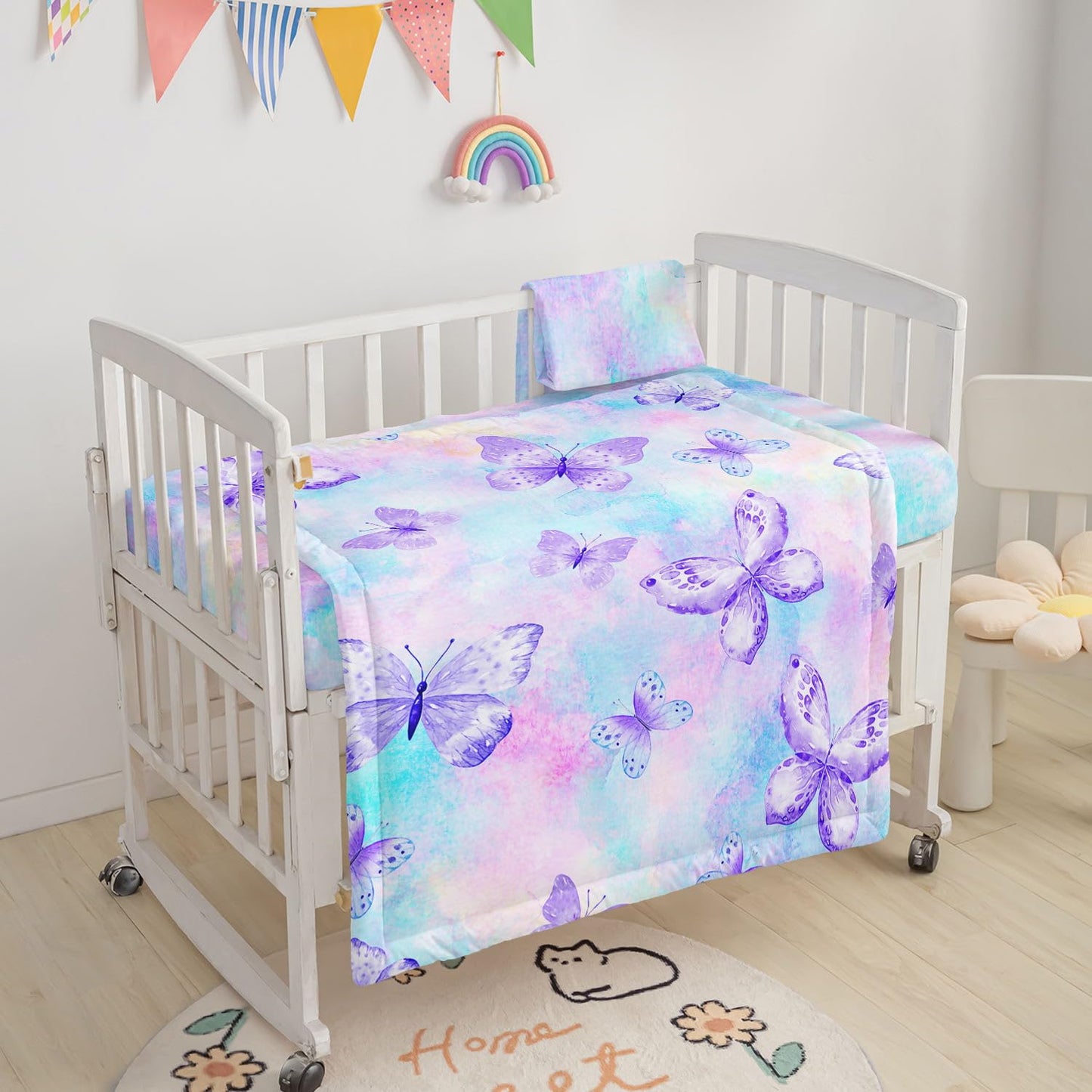 Datura Home Crib Bedding Set, 3-Piece Nursery Crib Bundle with Comforter, Crib Sheet & Skirt, Watercolor Butterfly Printed Bedding for Baby Boys & Girls (Butterfly Purple)