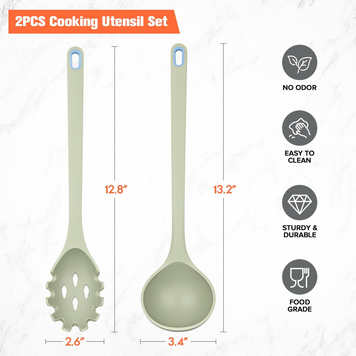 Silicone Spaghetti Spoon&Soup Ladle Cooking Utensils Set of 2,No Scratch for Nonstick Cookware,BPA Free, 450℉ Heat Resistant (Green)