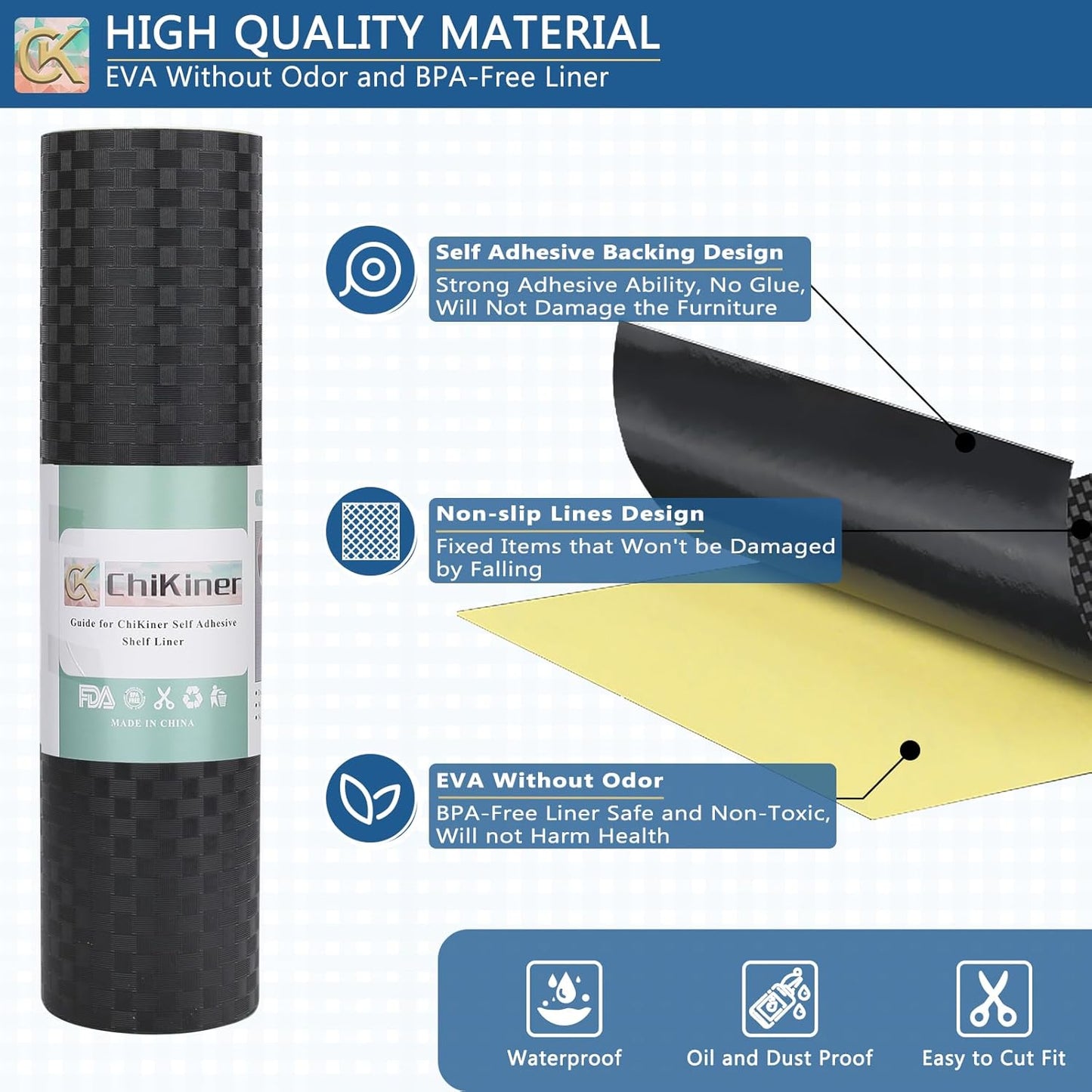Self-Adhesive Shelf Liner, Waterproof Backed Paper Easy Peel and Stick Contact Liner for Desk Surface (Black)