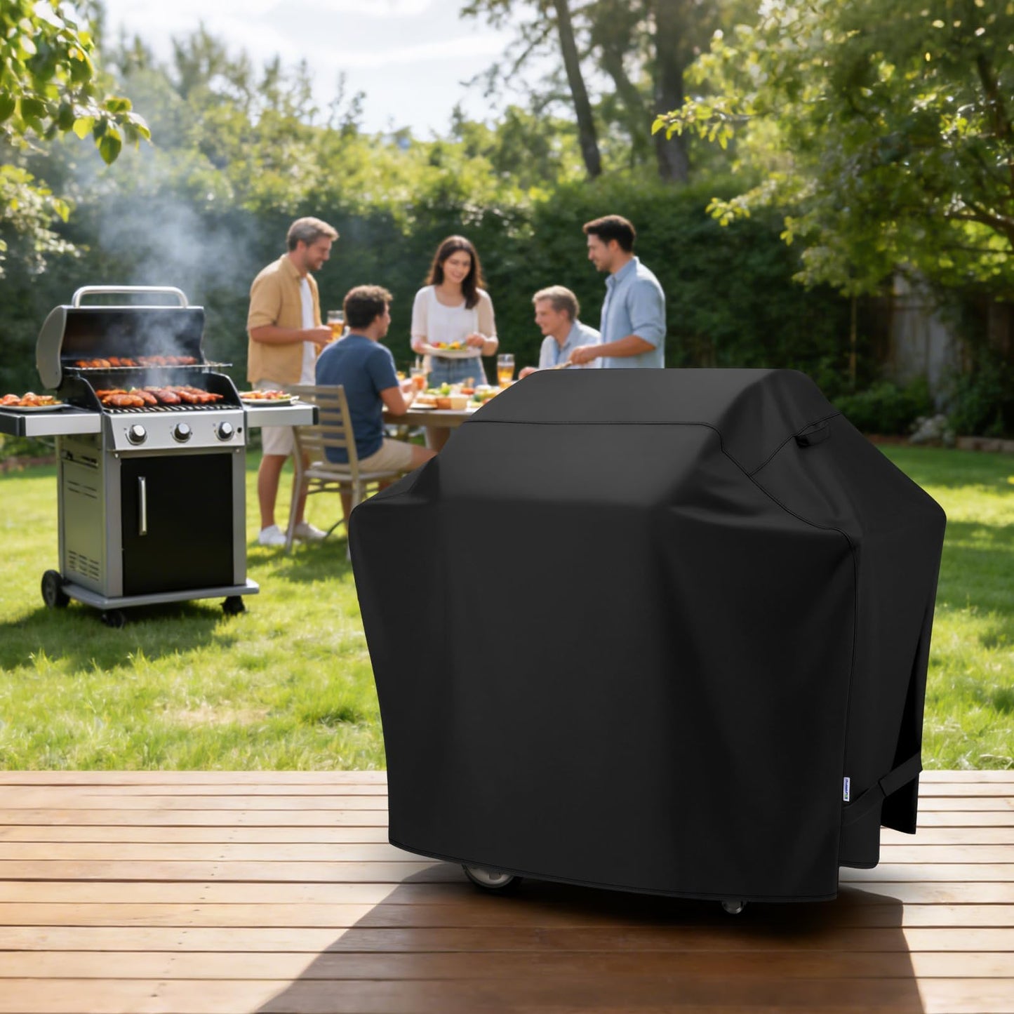 SunPatio Grill Cover 55 Inch, Outdoor Heavy Duty Waterproof Barbecue Gas Cover, UV & Fade Resistant, All Weather Protection Compatible for Weber Charbroil Nexgrill Kenmore Grills and More, Black