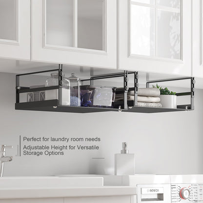 HENGI 2 Pack Adjustable Under Shelf Storage, Heavy Duty Metal Basket Organizer for Kitchen Cupboard Cabinet Pantry Laundry Desk Bookshelf, Black