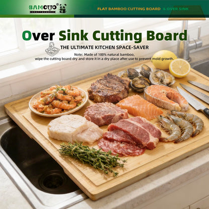 BAMOTTO CRAFTBAMBOO XXL Extra Large 100% Organic Bamboo Cutting Board 24"x18" - Butcher Block Chopping/Carving Board with Handle & Juice Groove for Turkey, Meat, Vegetables, BBQ