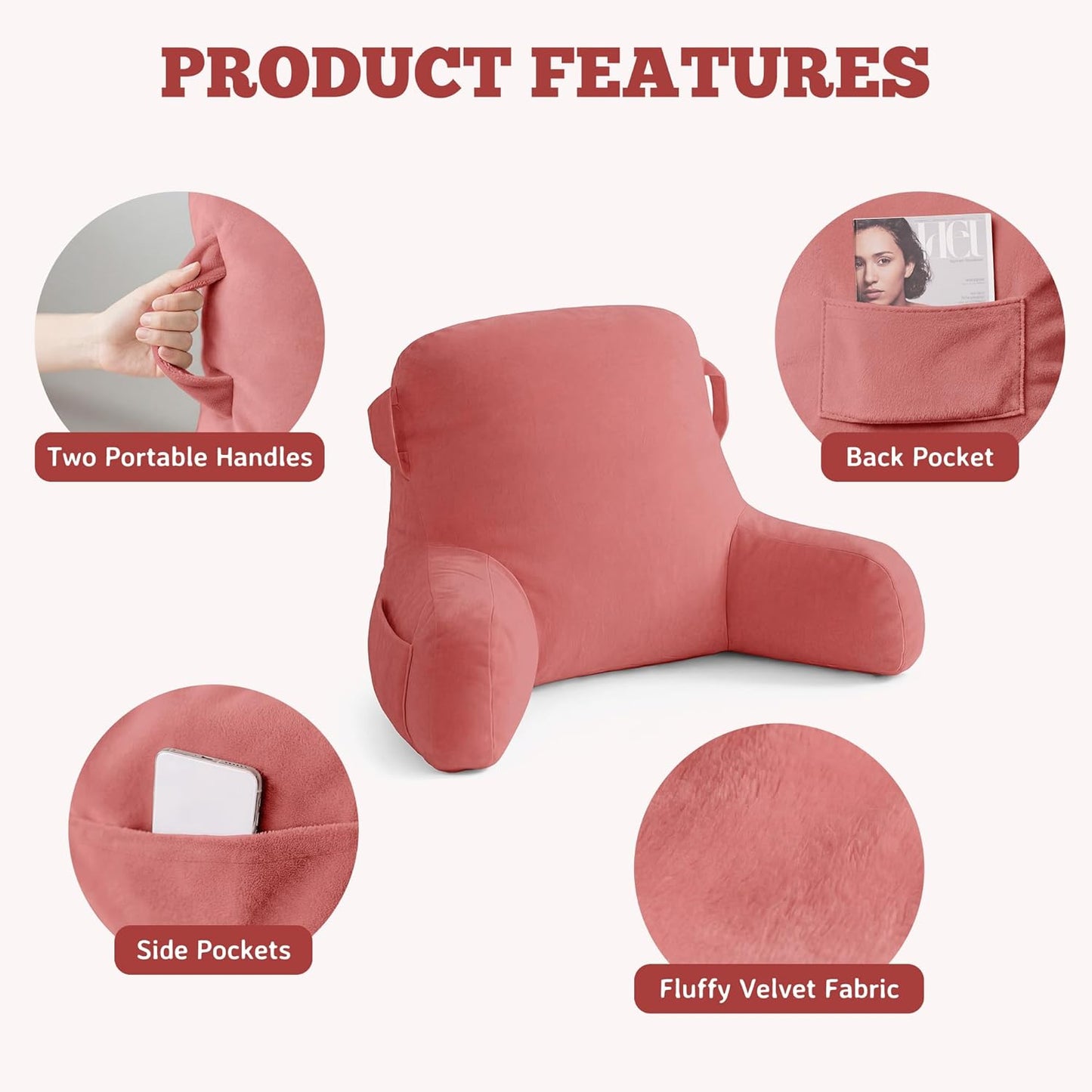 Unisakey Portable Comfy Reading Pillows for Bed Sitting Up(Dark Pink Oeko-Tex), Velvet Back Pillow with Arms & Pockets