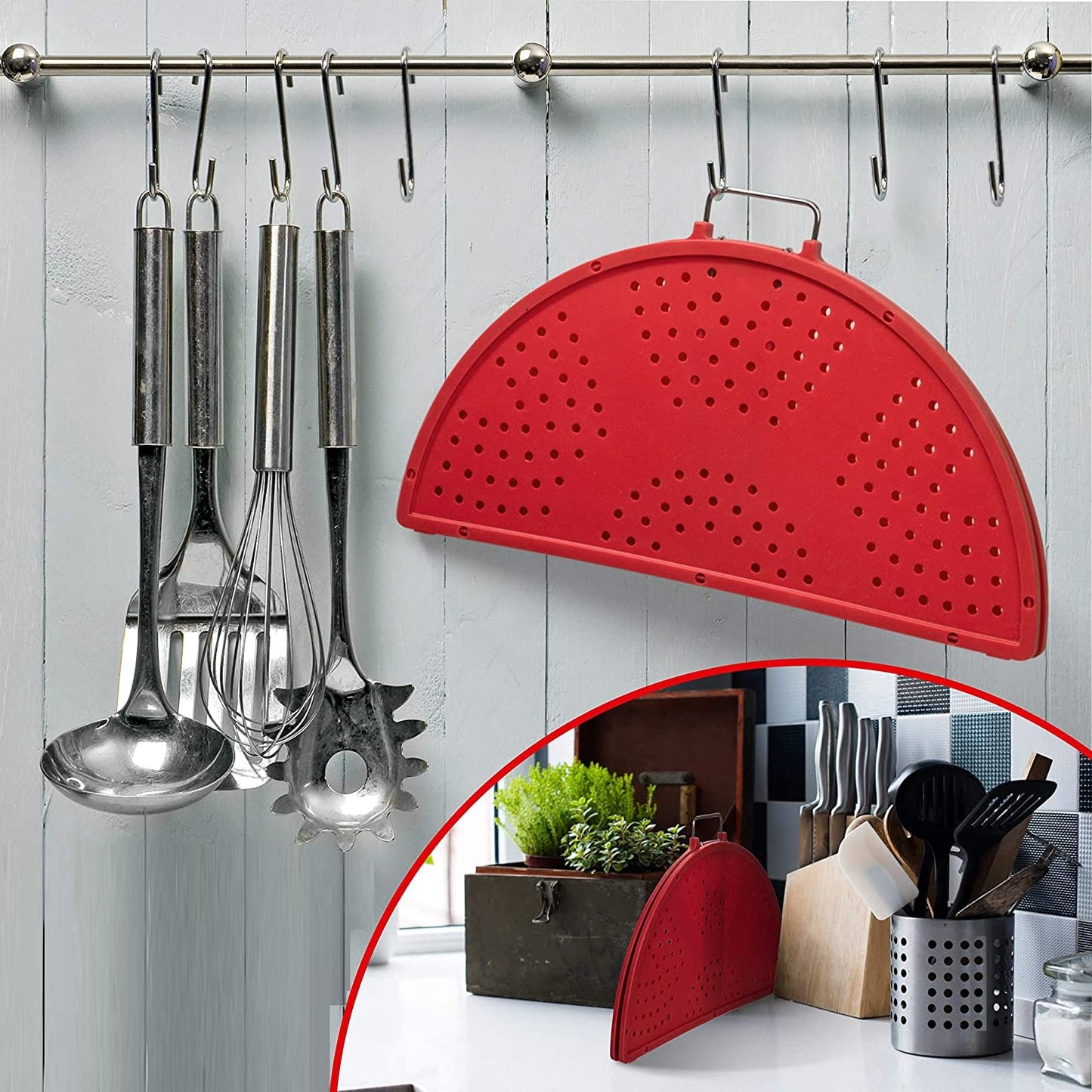 K KIRKWOOD KITCHEN Splatter Screen for Frying Pan Foldable Grease Splatter Guard Silicone Splatter Shields Multifunction Oil Screen for Skillet with Folding Handle Bacon Splatter Screen Strainer
