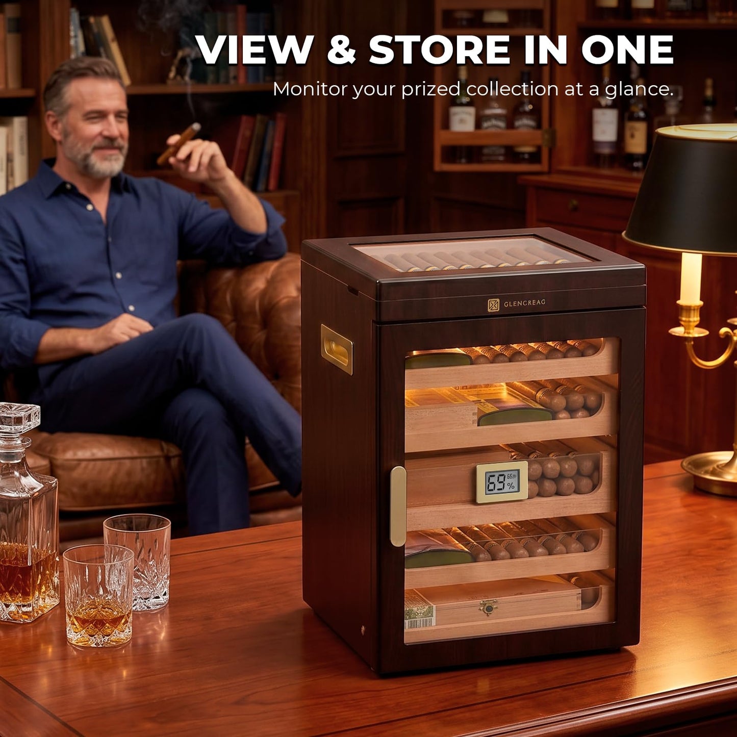 GLENCREAG M26FM-T Cigar Humidor Cabinet for 250 Cigars – Spanish Cedar Lining, Digital Hygrometer, Magnetic Seal, 5 Drawers & Transparent Top Storage– Gift for Cigar Aficionados