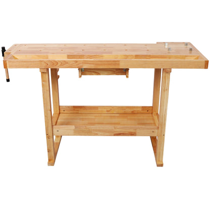 ABH 55 Inches Wood Workbench, Heavy Duty Woodworking Table with Adjustable Handle Vice, 300lbs Capacity Solid Wood Work with Storage Drawer Shelf for Garage, Workshop, Natural (1 Drawers)