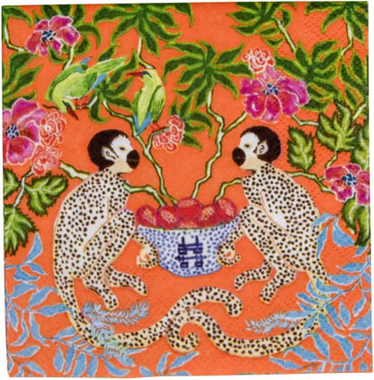 Caspari Monkeys Paper Cocktail Napkins - Two Packs of 20 in Orange