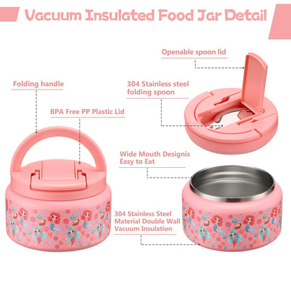 BABHAMNESS 13.5oz Soup Thermo for Hot Food Kids Insulated Vacuum Food Jar with Buckle Lid,Wide Mouth Leakproof Stainless Steel Lunch Container with Spoon-Mermaid