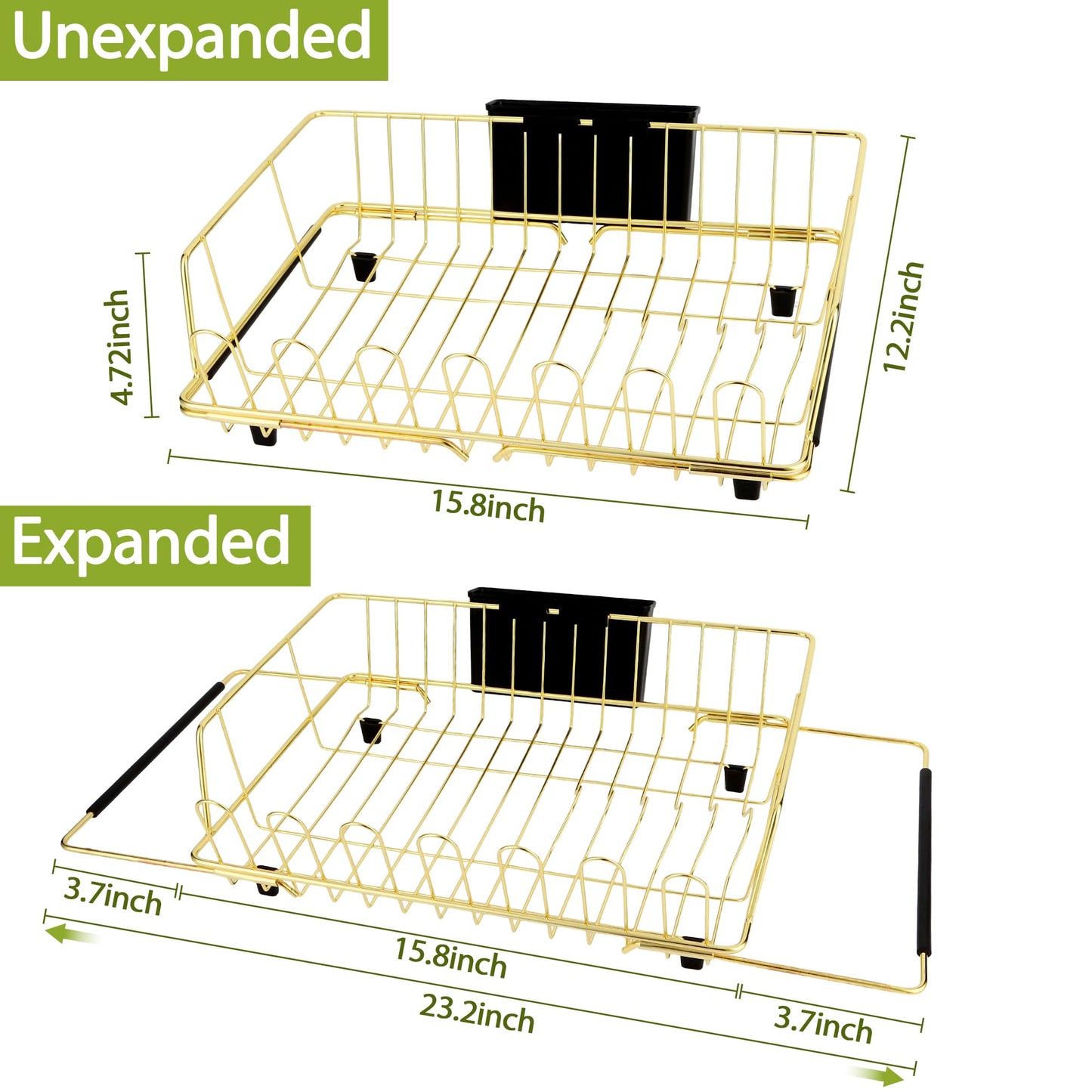 HAYAWEY Golden Expandable Dish Drying Rack with Silicone Drying Mat-Extra Large Stainless Steel Dish Drainer Over The Sink with Utensil Holder, Applicable for Sink Width 16'-22' (Gold,23.2'*12.2')