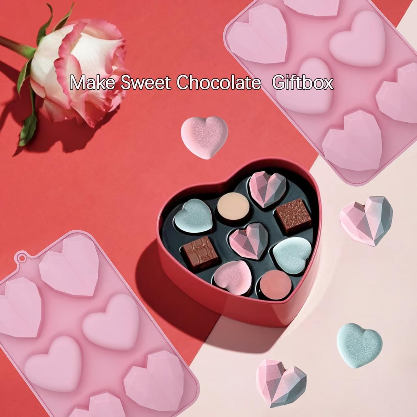 Valentine's Day Silicone Molds, 2PCS Large 3D Diamond Heart Shape Chocolate Molds for Baking
