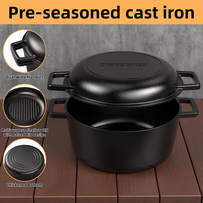 Cast Iron Dutch Oven Pot with Skillet Lid – Pre-Seasoned – Skillet Lid Cooking Pan– PFAS-Free –Umite Chef Cast Iron Skillet Cookware for Bread, Frying, Baking – Dual Handles – Oven, Grill, Campfire & Stovetop Safe – Durable & Non-Toxic, 5QT