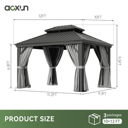 Aoxun 10' x 12' Outdoor Gazebo for Backyard, Hardtop Aluminum Gazebo with Metal Steel Double Roof, Pavilion with Netting and Curtains for Patio Deck Garden, Grey