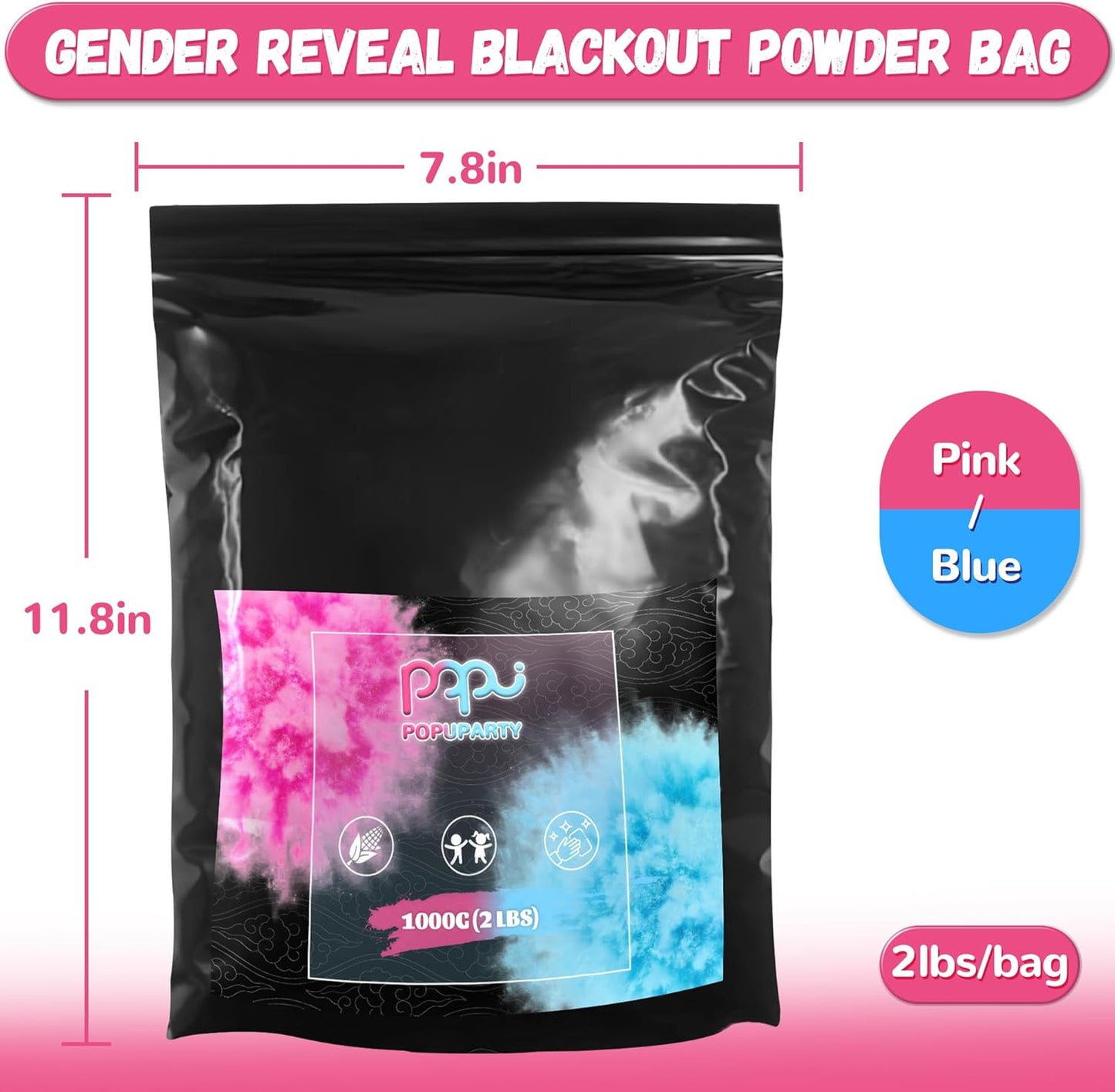 1 Pack 2 lbs POPUPARTY Black-out Gender Reveal Powder- Pink Powder Perfect for Baby Gender Reveal, Car Burnout, Color