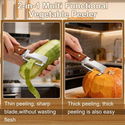 Multi-Functional Vegetable Peeler for Kitchen, 2 in 1 Stainless Steel Vegetable Peeler with Wooden Handle and Bottle Opener,Kitchen Tool for Fruit Apple Potato Carrot Pumpkin Papaya (2pcs)