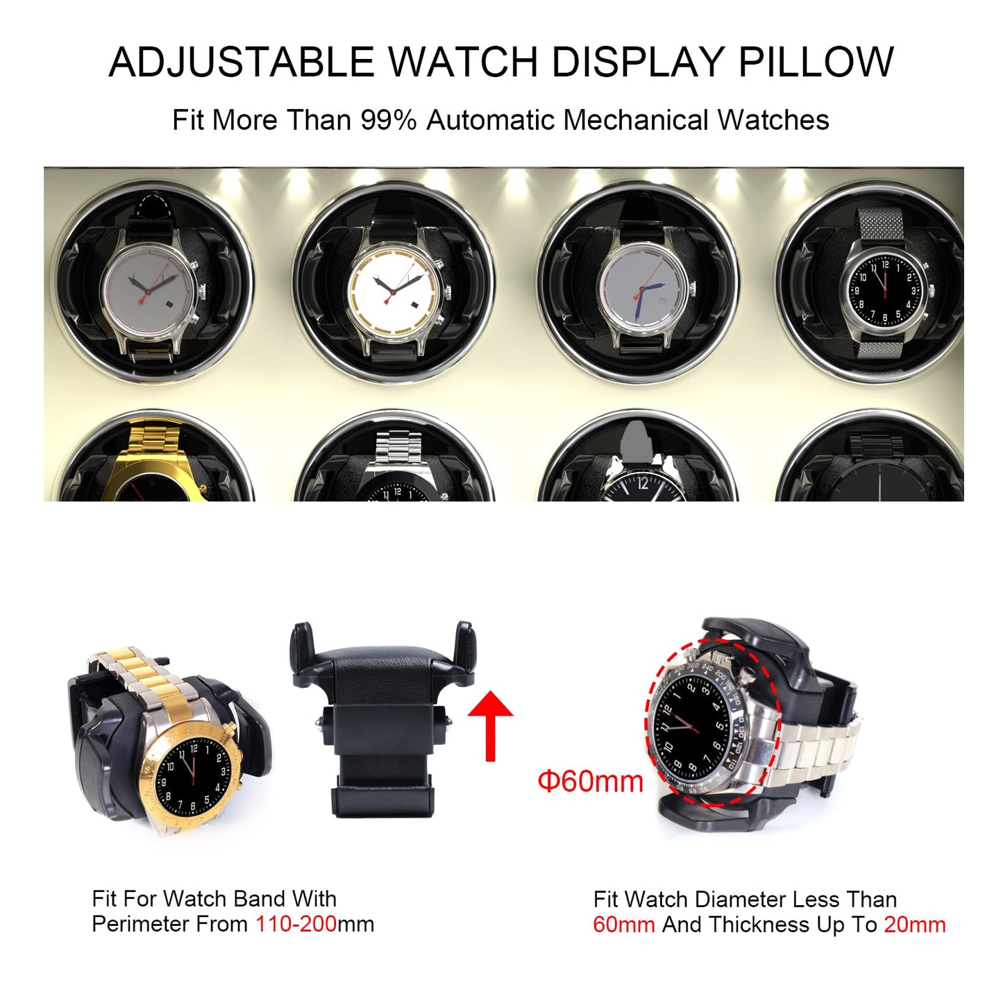 DUKWIN Watch Winder for 4 Automatic Watches, White Lockable Watch Winders with Extra Watch Storage, Jewelry Storage, 4 Rotation Modes, LED Light, Super Quiet Mabuchi Motor and Spring Watch Pillows