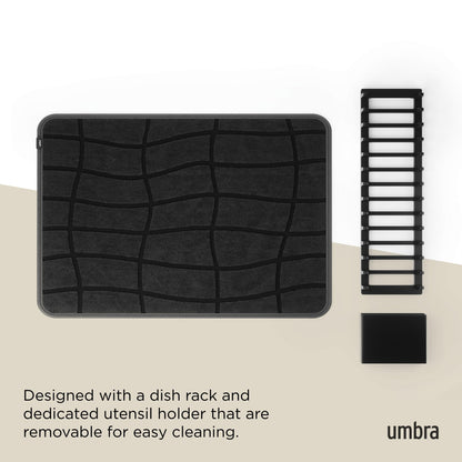 Umbra UDry Dish Drying Rack with Mat – Kitchen Countertop Dish Drainer & Absorbent Microfiber Drying Mat, Foldable Dish Rack Organizer for Plates, Cups & Utensils, Black
