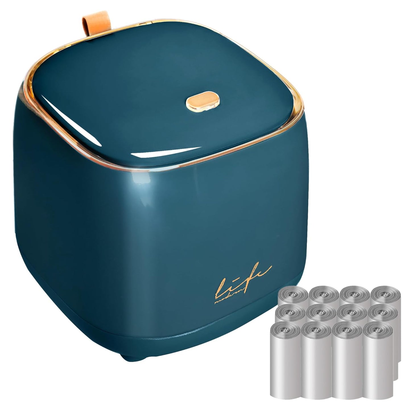 Mini Countertop Trash Can with Press Type Lid, 12 Rolls of Trash Bags, Tiny Desktop Trash Can for Bathroom, Home Office
