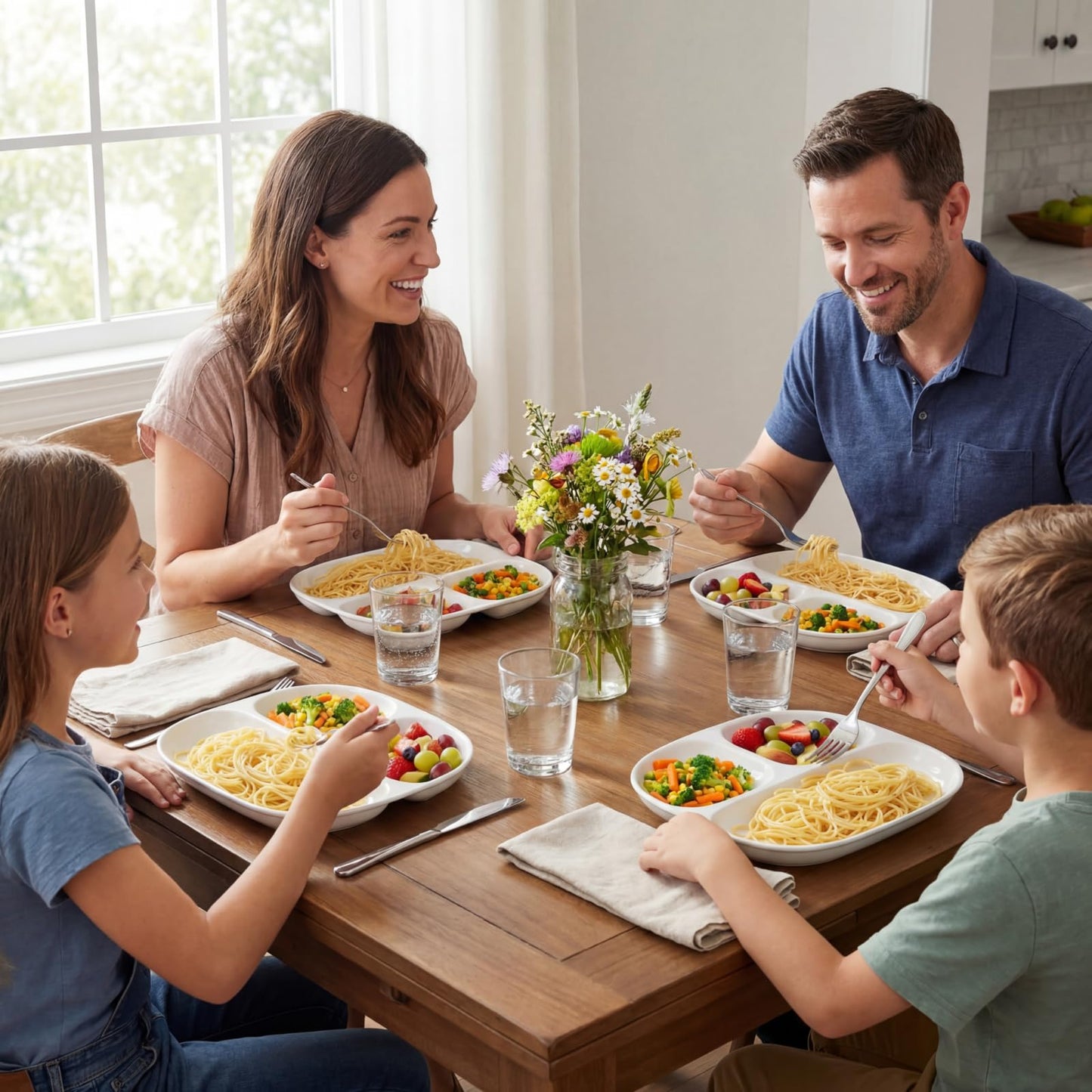 Lounsweer 4 Pack 8.58" Portion Control Plates White Rectangle Ceramic Porcelain Divided Plates Set for Rational Eating Healthy Diet Dinner 3 Compartment for Adults Microwave Dishwasher Safe