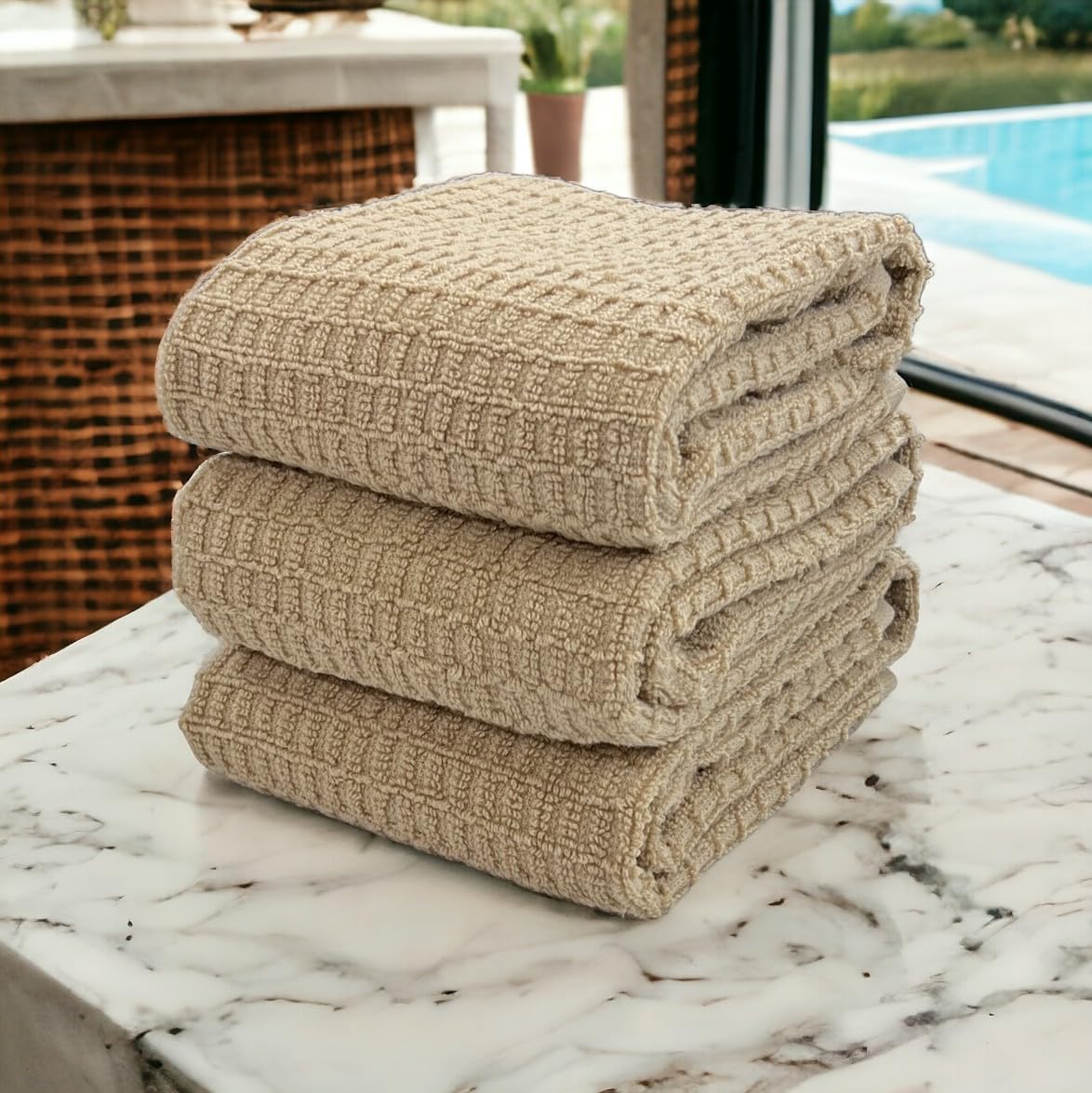 Serafina Home Tan Beige Kitchen Dish Hand Towels 100% Cotton Waffle Cloth Soft Cleaning Drying Absorbent Terry Box Loop: Set of 3 Multipurpose for Everyday Use Oversized 16" x 28"