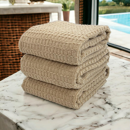 Serafina Home Tan Beige Kitchen Dish Hand Towels 100% Cotton Waffle Cloth Soft Cleaning Drying Absorbent Terry Box Loop: Set of 3 Multipurpose for Everyday Use Oversized 16" x 28"