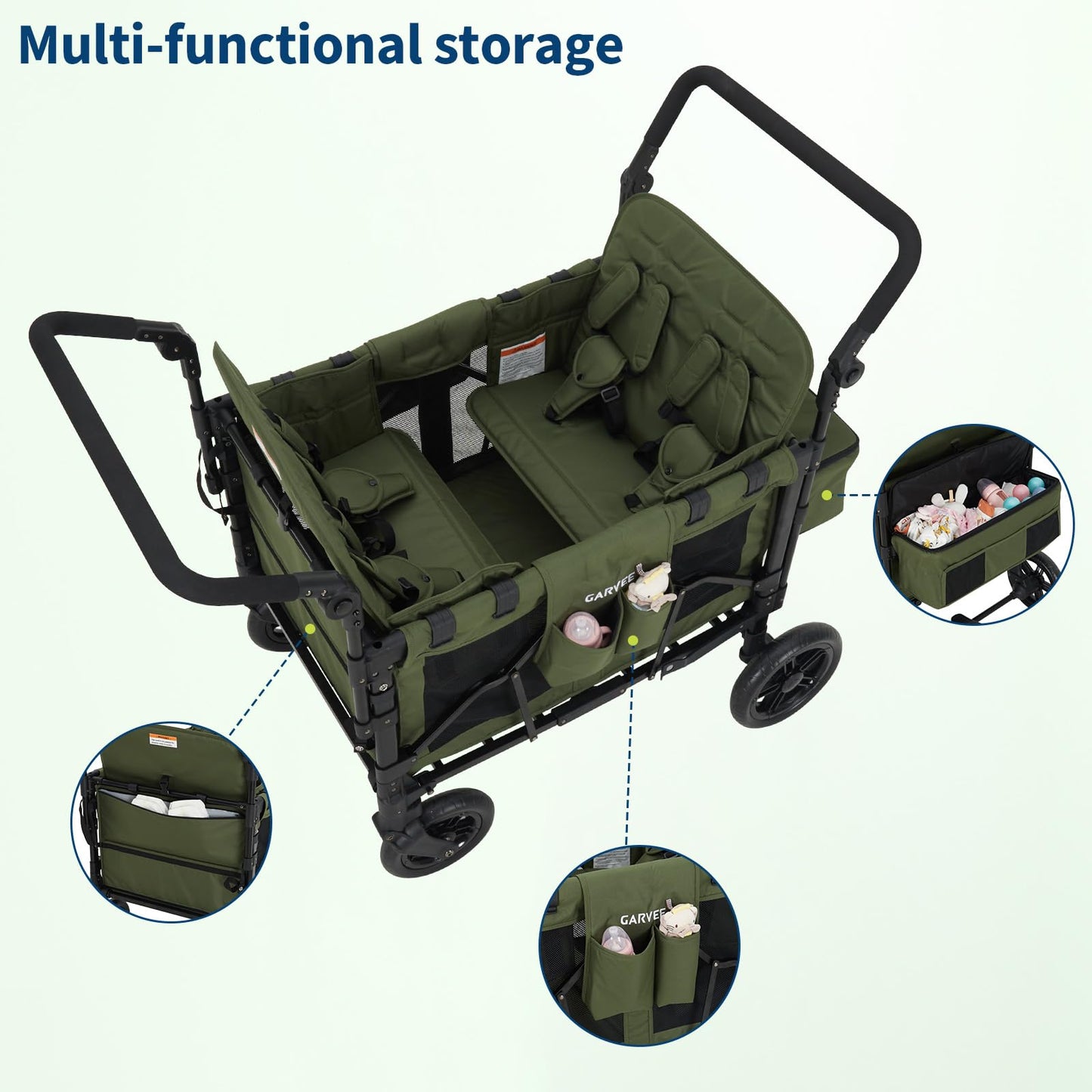 Stroller Wagon for 4 Kids, Premium Quad Stroller Wagon with 4 Convertible Seats, Adjustable Push/Pull Handles, 5-Point Harness Belt, Snack Tray, Removable Canopy & Flat Fold, One-Step Brake, Green