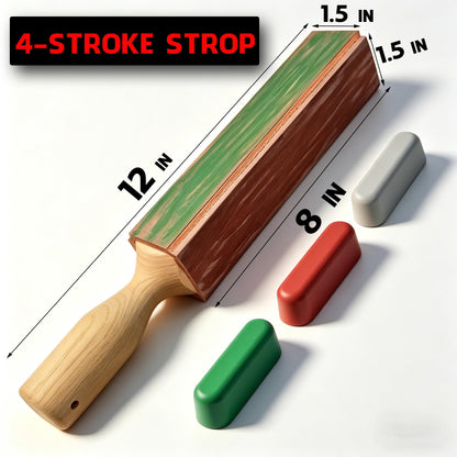 4-Sided Leather Knife Strop with 3Oz. Honing Compound, 11Oz. Thicked Leather & Ash Wood Handle, 12'' x 1.5'' for Sharpening, Polishing, Tactical, Folding & Woodcarving Knives to Mirror Finish