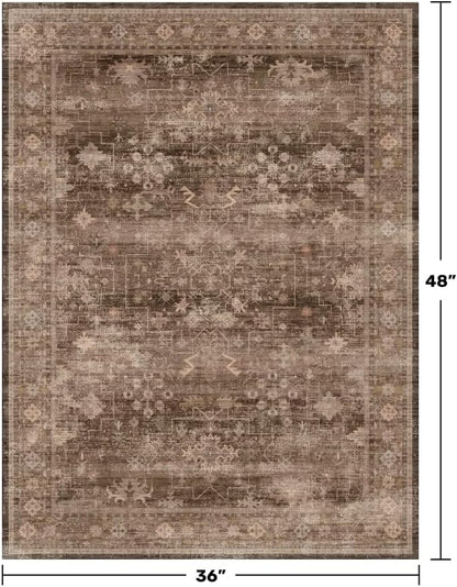 Skiennix Brown Boho Washable Entry Rug - Non-Slip Rubber Backing | 3x4 Indoor Door Mat in Earthy Taupe Floral Design