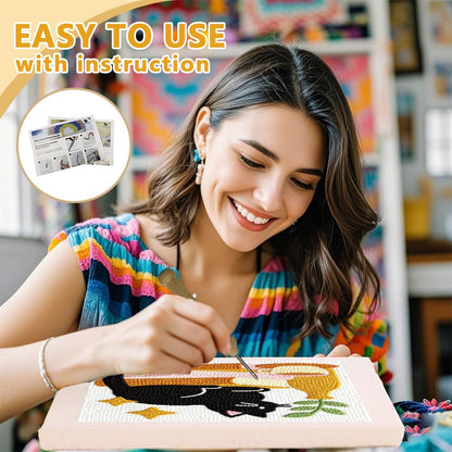 Doodlream Cat on Books Needle Kit for Beginner, 9.4"x 9.4" Coffee and Plant Punch Stitching Craft Set, Color DIY Embroidery Starter with Printed Frame, Instruction, Threader, Yarn, Pinch Needle