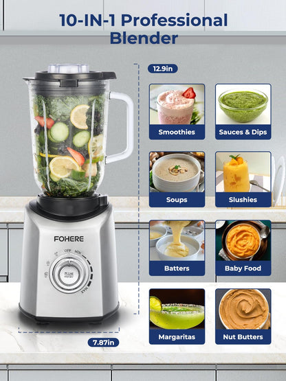 FOHERE Professional Blender Peak 1300W, Countertop Blender with 3 Presets＆ 5 Speeds for Smoothies, Shakes, and Frozen Drinks, 50 Oz Glass Jar ＆20 Oz Tritan Jug