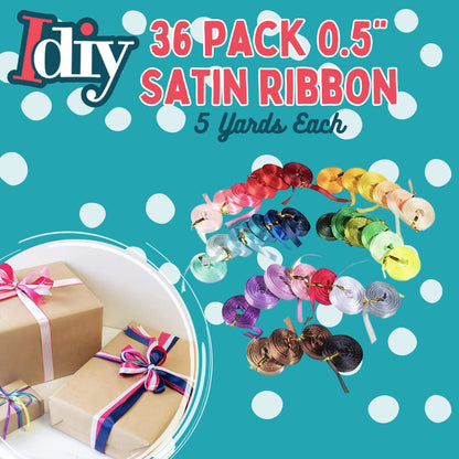 Satin Ribbon 36 Pack (1/2", 5 Yards Each) No Wire, DIY Arts & Crafts, Gift Wrapping Baskets, Wedding Decor, Sewing Projects, Party Favor Embellishment, Hair Bows, Floral, Baby Showers, Holiday Wreath