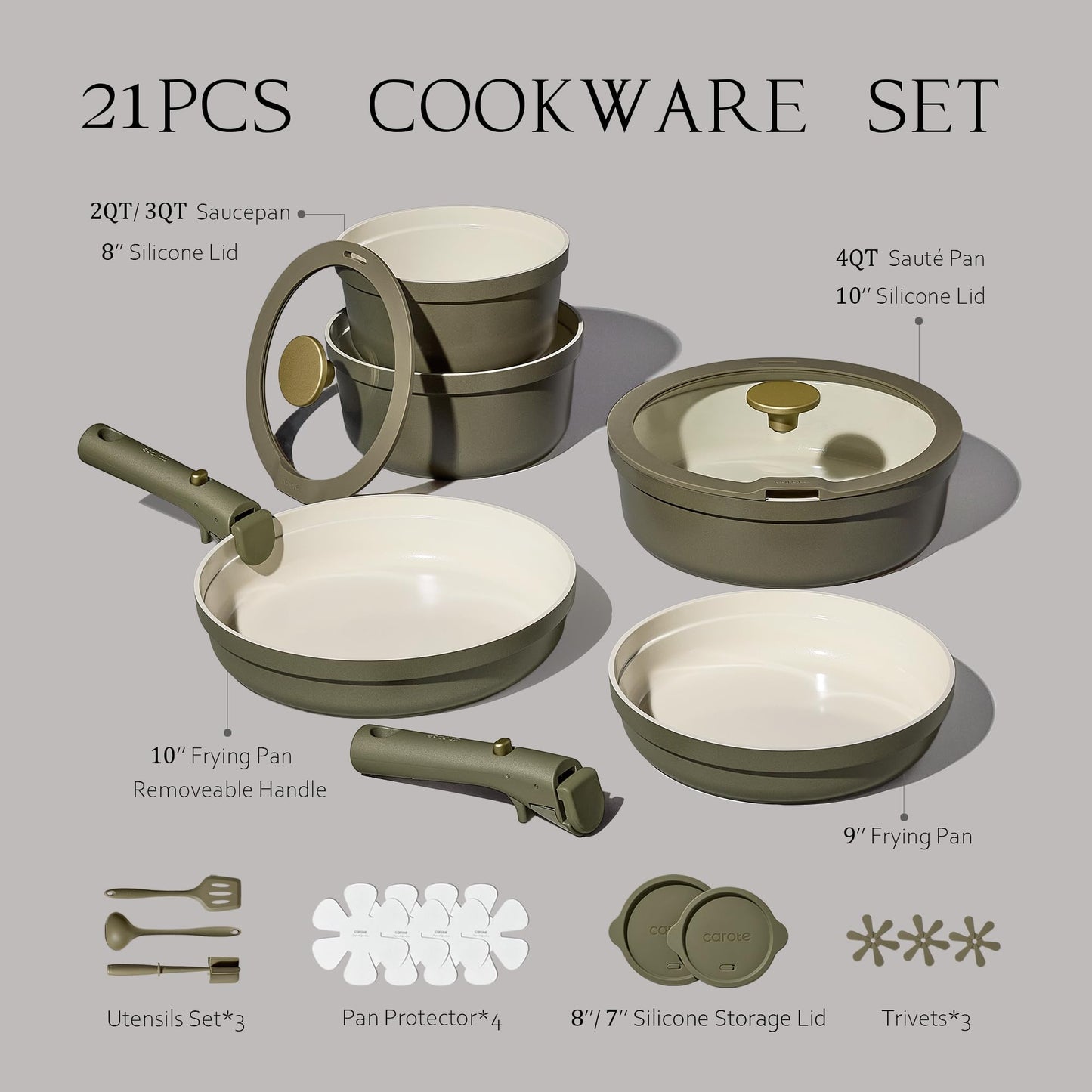 Carote 21pcs Ceramic Cookware Set with Detachable Handles, Pots and Pans Set Non Stick, RV Kitchen Cooking Pot and Pan, Dishwasher Safe, Non-toxic Induction Cookware PFAS and PFOA Free, Olive Green
