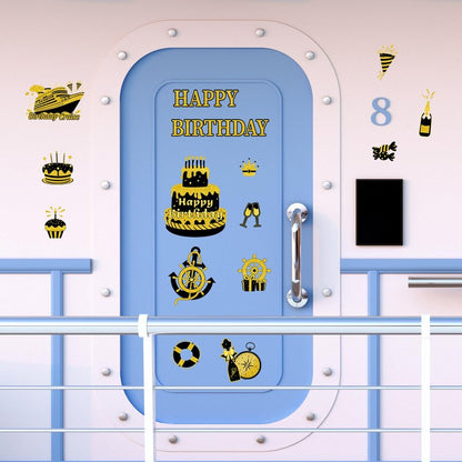 JarThenaAMCS Birthday Cruise Door Magnets Decoration Black Gold Happy Birthday Cruise Ship Magnetic Stickers for Cabin Ship Car Refrigerator Carnival Party Supplies, 16Pcs