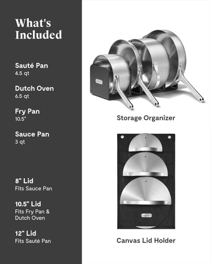 Caraway Stainless Steel Cookware Set – 12 Piece 5-Ply Stainless Steel Pots and Pans Set - Includes Fry, Sauce, Sauté Pan, Dutch Oven, and Space-Saving Storage - Non Toxic, PTFE & PFOA Free
