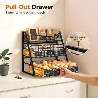 Sevenblue Upgraded Egg Holder Countertop with Removable 5 Dividers & Date Plate, 3 Tier Pull Out Large Egg Basket for Gathering Fresh Eggs, Kitchen Organizer, The Size - 16.7“x16.6”x11.3"