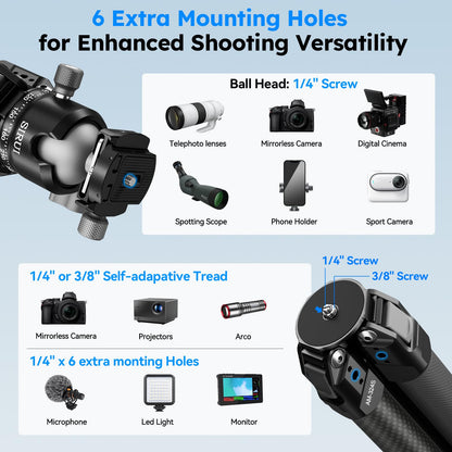 SIRUI Heavy-Duty Carbon Fiber Tripod, 59.8” Pro Tripod with Low Center of Gravity Ball Head, 44lbs Load, 6 Mounting Ports, Corrosion Resistance–for DSLR, Mirrorless, Telephoto, Wildlife（AM-324S+G1）