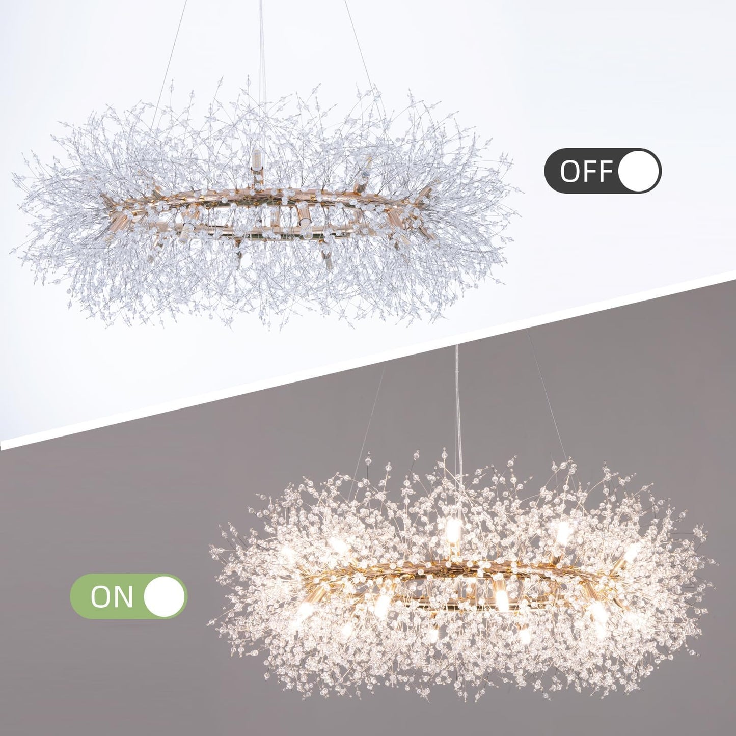 Wellmet Firework Chandelier 38 inch, Modern Crystal Chandelier Gold Wagon Wheel Light Fixture, Mid Century Round Ceiling Lighting for Dining Room, Foyer, Living Room, Bedroom, Hallway, Entryway