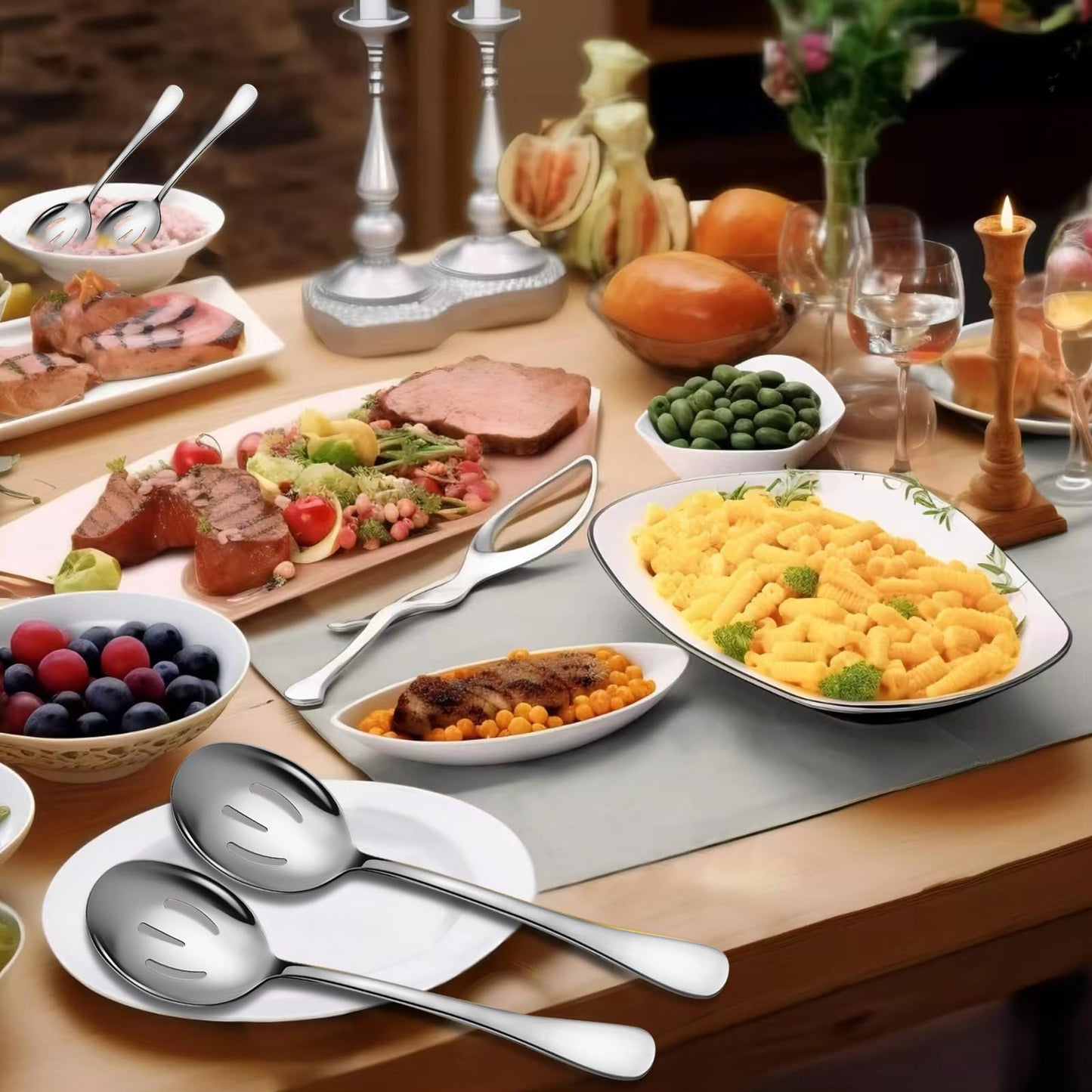 Keyoxy Stainless Steel Serving Spoons Set, 6pc, 10-Inch, Includes 3 Large, 3 Slotted, for Parties/Kitchen/Buffet/Catering, Dishwasher Safe